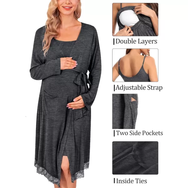 SWOMOG Womens Maternity Robe 2 Piece Nursing Nightgown and Robe Set 3 in 1 Hospital Breastfeeding Bathrobe with PocketsDark Grey