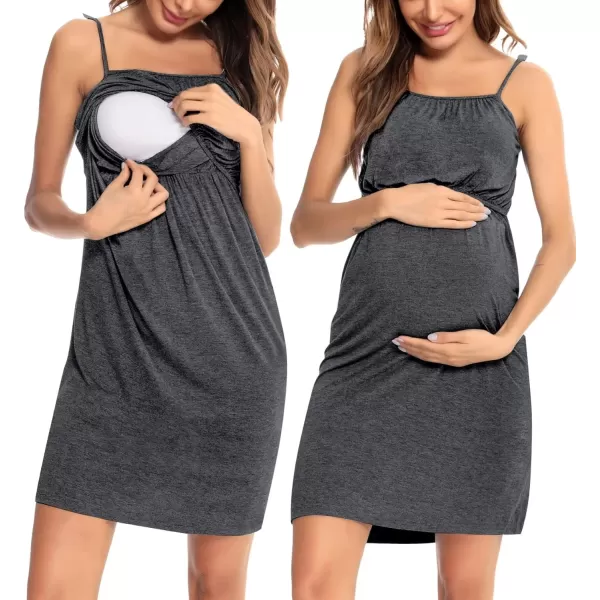 SWOMOG Womens Maternity Robe 2 Piece Nursing Nightgown and Robe Set 3 in 1 Hospital Breastfeeding Bathrobe with PocketsDark Grey