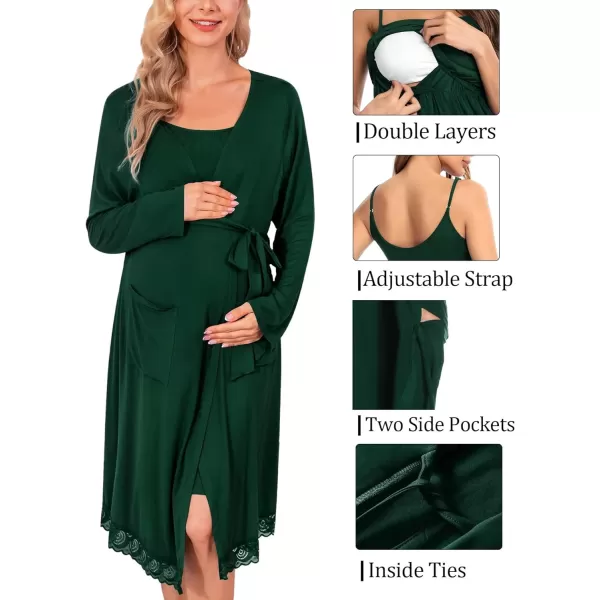 SWOMOG Womens Maternity Robe 2 Piece Nursing Nightgown and Robe Set 3 in 1 Hospital Breastfeeding Bathrobe with PocketsGreen