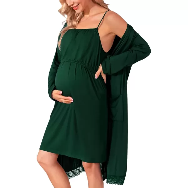 SWOMOG Womens Maternity Robe 2 Piece Nursing Nightgown and Robe Set 3 in 1 Hospital Breastfeeding Bathrobe with PocketsGreen