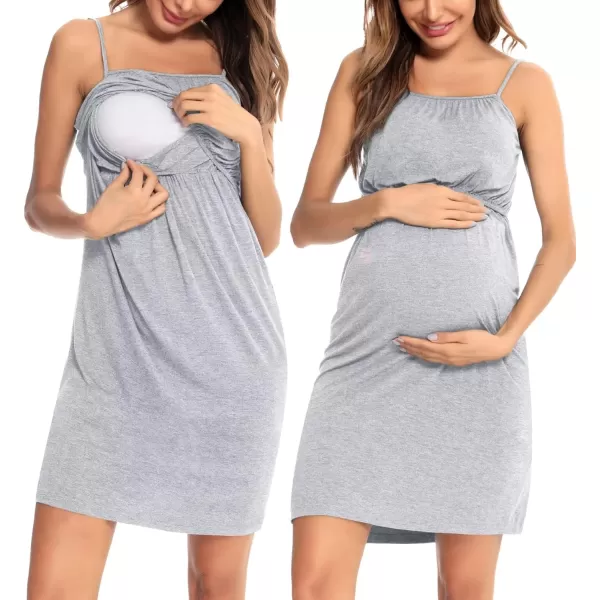 SWOMOG Womens Maternity Robe 2 Piece Nursing Nightgown and Robe Set 3 in 1 Hospital Breastfeeding Bathrobe with PocketsGrey