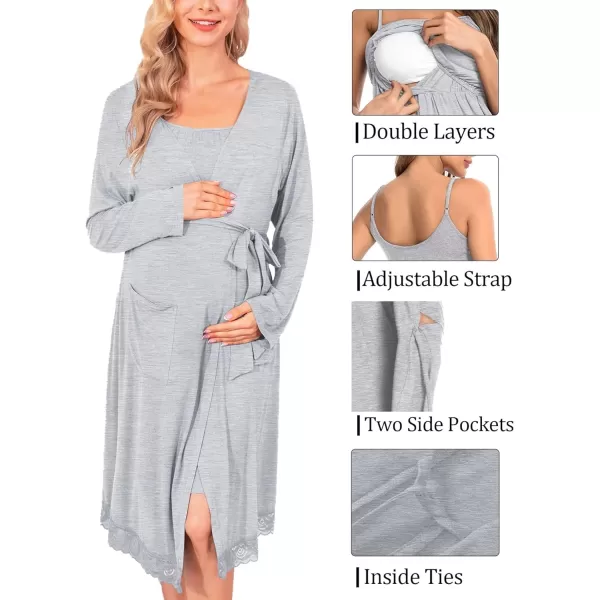 SWOMOG Womens Maternity Robe 2 Piece Nursing Nightgown and Robe Set 3 in 1 Hospital Breastfeeding Bathrobe with PocketsGrey