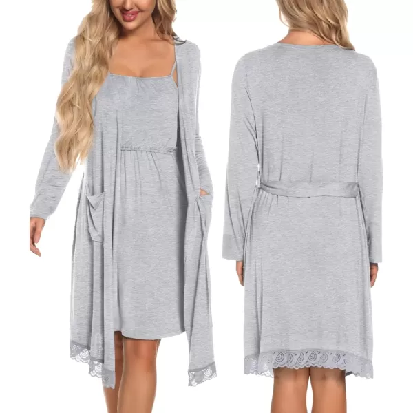 SWOMOG Womens Maternity Robe 2 Piece Nursing Nightgown and Robe Set 3 in 1 Hospital Breastfeeding Bathrobe with PocketsGrey