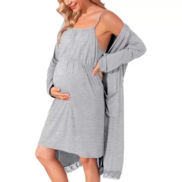 SWOMOG Womens Maternity Robe 2 Piece Nursing Nightgown and Robe Set 3 in 1 Hospital Breastfeeding Bathrobe with PocketsGrey