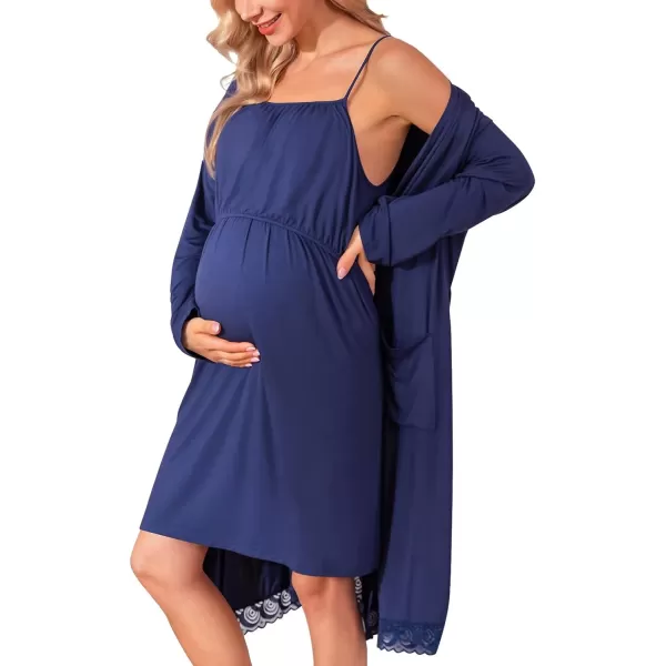 SWOMOG Womens Maternity Robe 2 Piece Nursing Nightgown and Robe Set 3 in 1 Hospital Breastfeeding Bathrobe with PocketsNavy Blue