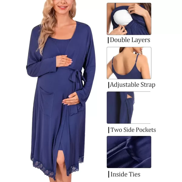 SWOMOG Womens Maternity Robe 2 Piece Nursing Nightgown and Robe Set 3 in 1 Hospital Breastfeeding Bathrobe with PocketsNavy Blue