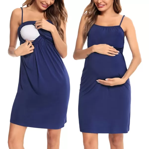 SWOMOG Womens Maternity Robe 2 Piece Nursing Nightgown and Robe Set 3 in 1 Hospital Breastfeeding Bathrobe with PocketsNavy Blue