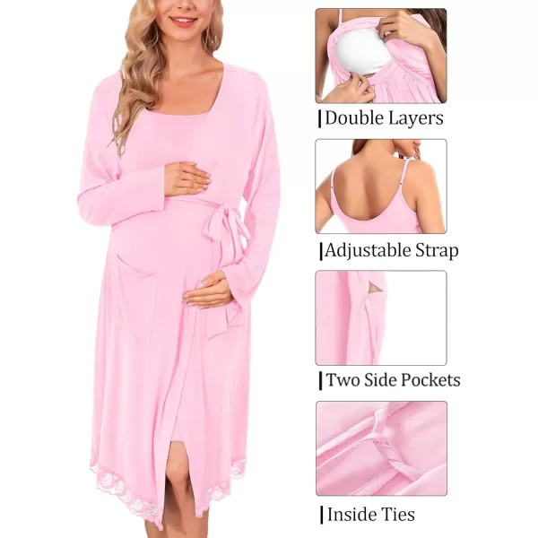 SWOMOG Womens Maternity Robe 2 Piece Nursing Nightgown and Robe Set 3 in 1 Hospital Breastfeeding Bathrobe with PocketsPink