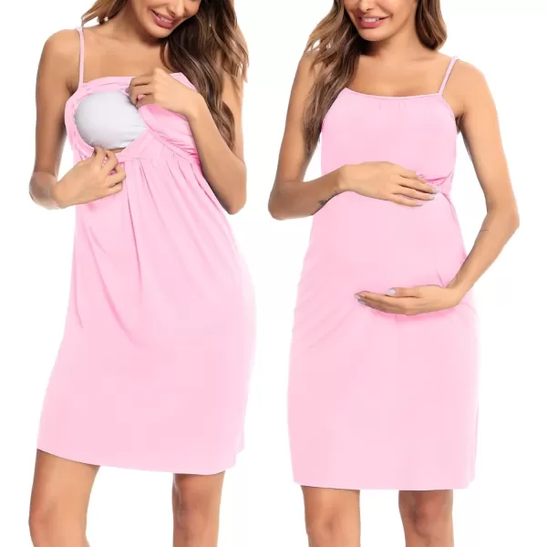 SWOMOG Womens Maternity Robe 2 Piece Nursing Nightgown and Robe Set 3 in 1 Hospital Breastfeeding Bathrobe with PocketsPink