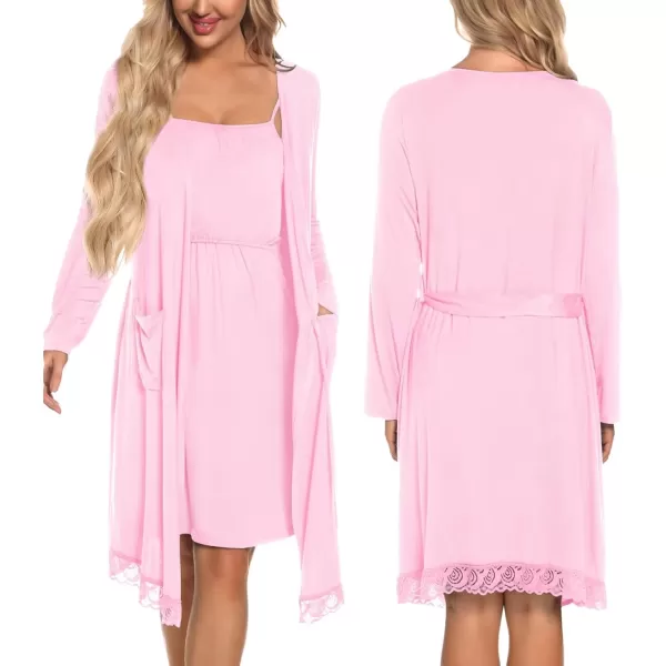 SWOMOG Womens Maternity Robe 2 Piece Nursing Nightgown and Robe Set 3 in 1 Hospital Breastfeeding Bathrobe with PocketsPink