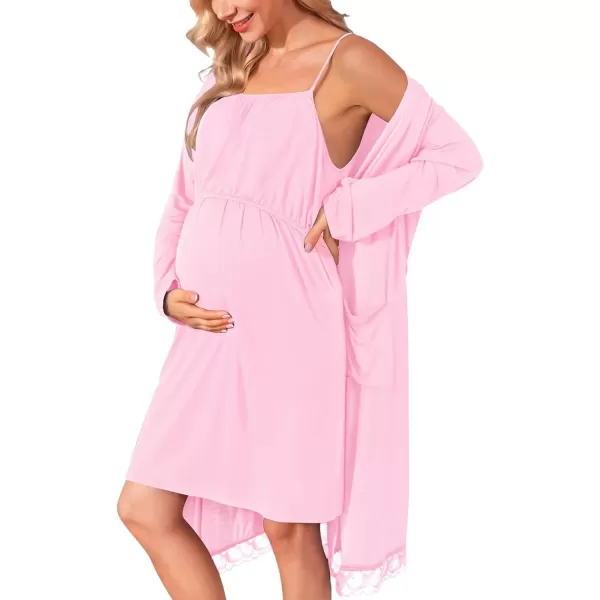 SWOMOG Womens Maternity Robe 2 Piece Nursing Nightgown and Robe Set 3 in 1 Hospital Breastfeeding Bathrobe with PocketsPink