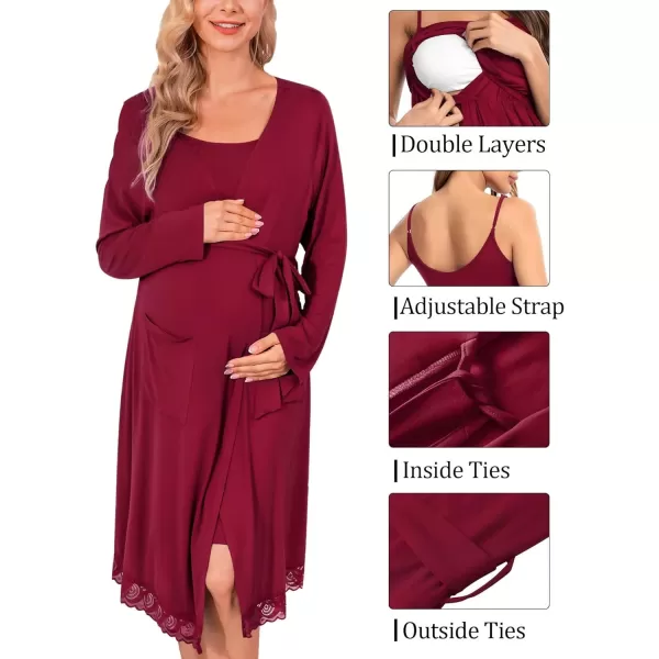 SWOMOG Womens Maternity Robe 2 Piece Nursing Nightgown and Robe Set 3 in 1 Hospital Breastfeeding Bathrobe with PocketsWine Red