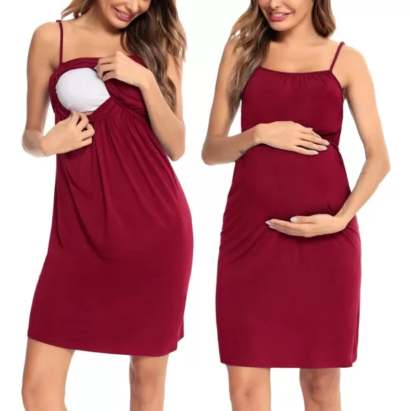 SWOMOG Womens Maternity Robe 2 Piece Nursing Nightgown and Robe Set 3 in 1 Hospital Breastfeeding Bathrobe with PocketsWine Red