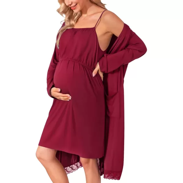 SWOMOG Womens Maternity Robe 2 Piece Nursing Nightgown and Robe Set 3 in 1 Hospital Breastfeeding Bathrobe with PocketsWine Red