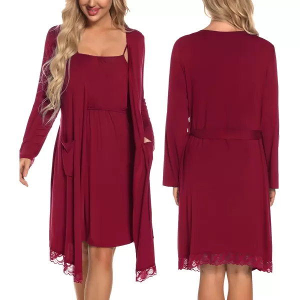 SWOMOG Womens Maternity Robe 2 Piece Nursing Nightgown and Robe Set 3 in 1 Hospital Breastfeeding Bathrobe with PocketsWine Red