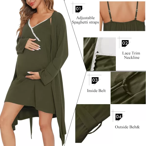 SWOMOG Womens Maternity Robe 2 Piece Nursing Nightgown for Breastfeeding 3 in 1 Labor Delivery Nursing Dress Lace Bathrobe0 Army Green