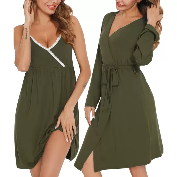 SWOMOG Womens Maternity Robe 2 Piece Nursing Nightgown for Breastfeeding 3 in 1 Labor Delivery Nursing Dress Lace Bathrobe0 Army Green