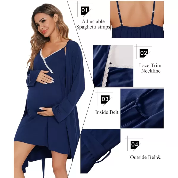 SWOMOG Womens Maternity Robe 2 Piece Nursing Nightgown for Breastfeeding 3 in 1 Labor Delivery Nursing Dress Lace Bathrobe0 Navy Blue