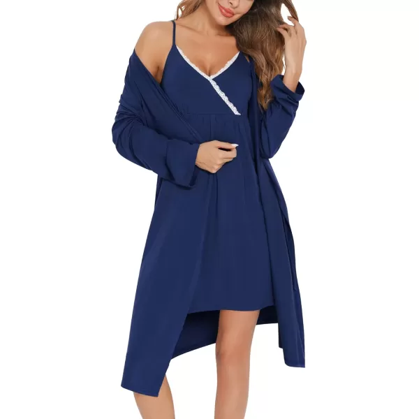 SWOMOG Womens Maternity Robe 2 Piece Nursing Nightgown for Breastfeeding 3 in 1 Labor Delivery Nursing Dress Lace Bathrobe0 Navy Blue