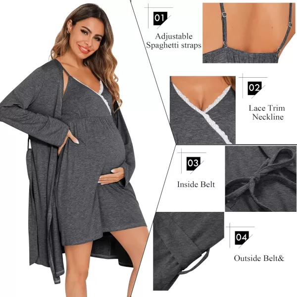 SWOMOG Womens Maternity Robe 2 Piece Nursing Nightgown for Breastfeeding 3 in 1 Labor Delivery Nursing Dress Lace BathrobeAdark Gray