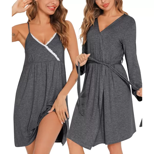 SWOMOG Womens Maternity Robe 2 Piece Nursing Nightgown for Breastfeeding 3 in 1 Labor Delivery Nursing Dress Lace BathrobeAdark Gray