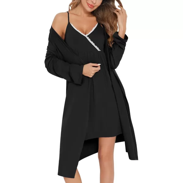 SWOMOG Womens Maternity Robe 2 Piece Nursing Nightgown for Breastfeeding 3 in 1 Labor Delivery Nursing Dress Lace BathrobeBlack