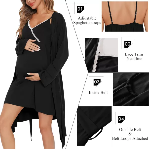 SWOMOG Womens Maternity Robe 2 Piece Nursing Nightgown for Breastfeeding 3 in 1 Labor Delivery Nursing Dress Lace BathrobeBlack