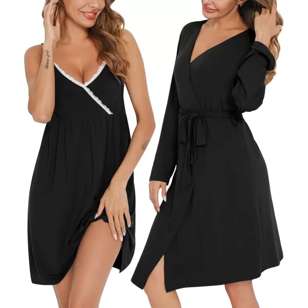 SWOMOG Womens Maternity Robe 2 Piece Nursing Nightgown for Breastfeeding 3 in 1 Labor Delivery Nursing Dress Lace BathrobeBlack