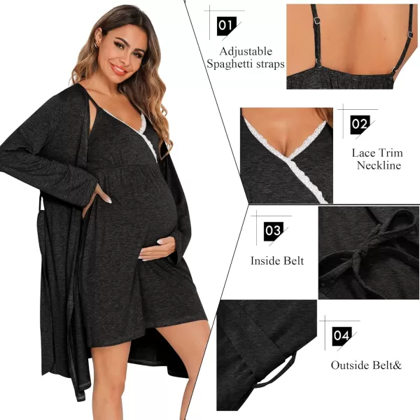 SWOMOG Womens Maternity Robe 2 Piece Nursing Nightgown for Breastfeeding 3 in 1 Labor Delivery Nursing Dress Lace BathrobeBlack Grey