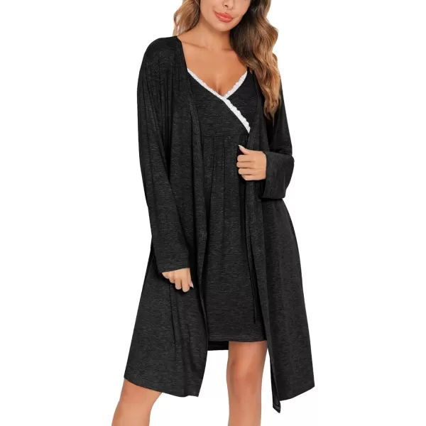 SWOMOG Womens Maternity Robe 2 Piece Nursing Nightgown for Breastfeeding 3 in 1 Labor Delivery Nursing Dress Lace BathrobeBlack Grey