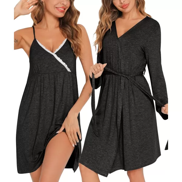 SWOMOG Womens Maternity Robe 2 Piece Nursing Nightgown for Breastfeeding 3 in 1 Labor Delivery Nursing Dress Lace BathrobeBlack Grey