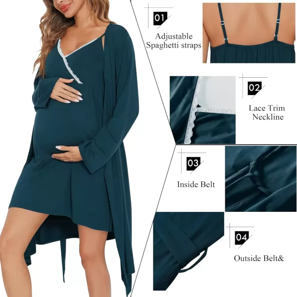 SWOMOG Womens Maternity Robe 2 Piece Nursing Nightgown for Breastfeeding 3 in 1 Labor Delivery Nursing Dress Lace BathrobeBlue Green