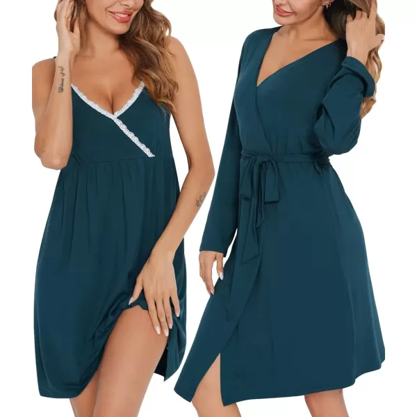 SWOMOG Womens Maternity Robe 2 Piece Nursing Nightgown for Breastfeeding 3 in 1 Labor Delivery Nursing Dress Lace BathrobeBlue Green