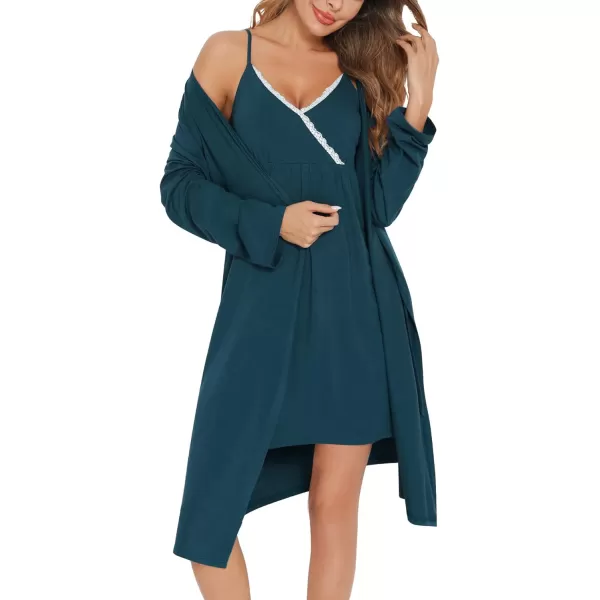 SWOMOG Womens Maternity Robe 2 Piece Nursing Nightgown for Breastfeeding 3 in 1 Labor Delivery Nursing Dress Lace BathrobeBlue Green