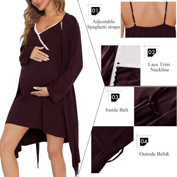 SWOMOG Womens Maternity Robe 2 Piece Nursing Nightgown for Breastfeeding 3 in 1 Labor Delivery Nursing Dress Lace BathrobeCmaroon