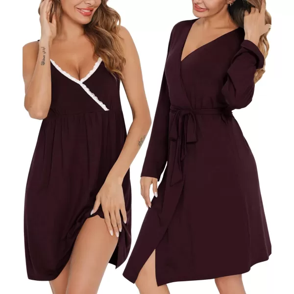 SWOMOG Womens Maternity Robe 2 Piece Nursing Nightgown for Breastfeeding 3 in 1 Labor Delivery Nursing Dress Lace BathrobeCmaroon