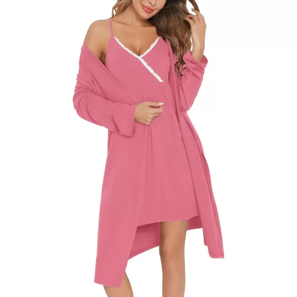 SWOMOG Womens Maternity Robe 2 Piece Nursing Nightgown for Breastfeeding 3 in 1 Labor Delivery Nursing Dress Lace BathrobeCoral