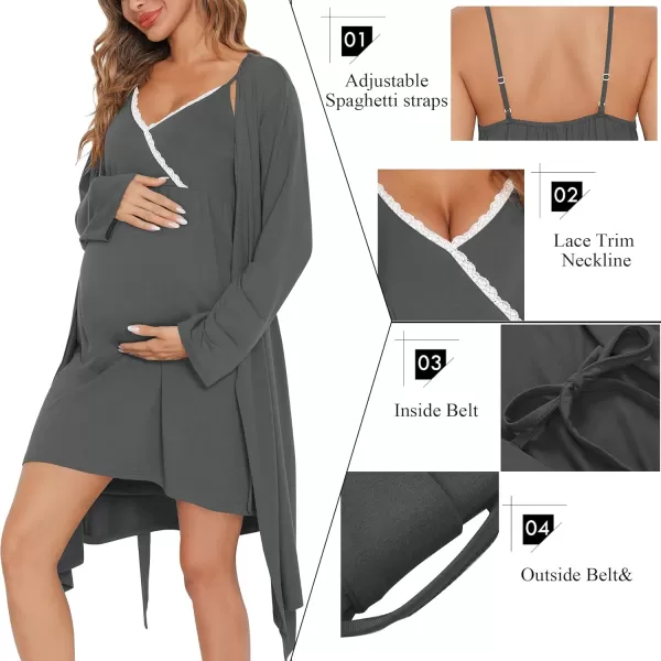 SWOMOG Womens Maternity Robe 2 Piece Nursing Nightgown for Breastfeeding 3 in 1 Labor Delivery Nursing Dress Lace BathrobeDeep Grey