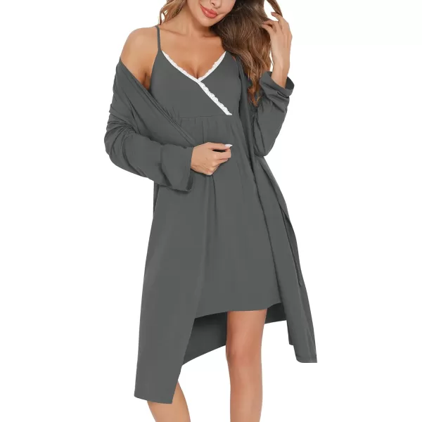 SWOMOG Womens Maternity Robe 2 Piece Nursing Nightgown for Breastfeeding 3 in 1 Labor Delivery Nursing Dress Lace BathrobeDeep Grey