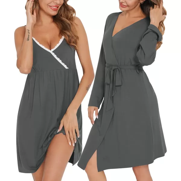 SWOMOG Womens Maternity Robe 2 Piece Nursing Nightgown for Breastfeeding 3 in 1 Labor Delivery Nursing Dress Lace BathrobeDeep Grey