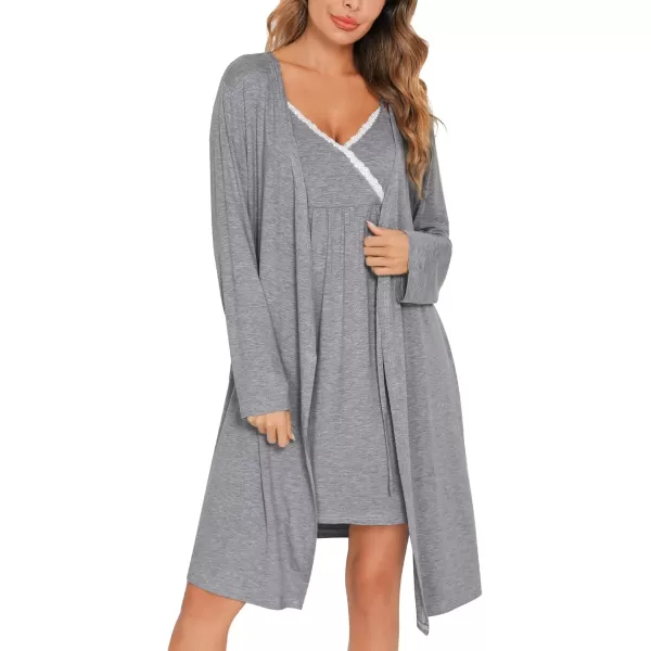 SWOMOG Womens Maternity Robe 2 Piece Nursing Nightgown for Breastfeeding 3 in 1 Labor Delivery Nursing Dress Lace BathrobeGrey