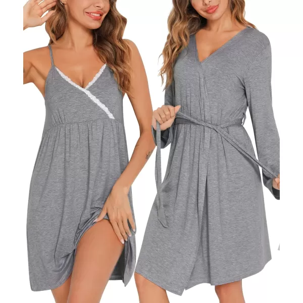 SWOMOG Womens Maternity Robe 2 Piece Nursing Nightgown for Breastfeeding 3 in 1 Labor Delivery Nursing Dress Lace BathrobeGrey