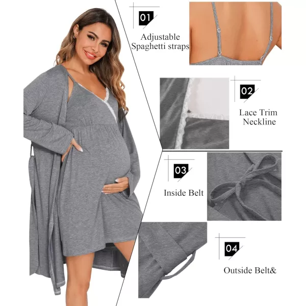 SWOMOG Womens Maternity Robe 2 Piece Nursing Nightgown for Breastfeeding 3 in 1 Labor Delivery Nursing Dress Lace BathrobeGrey