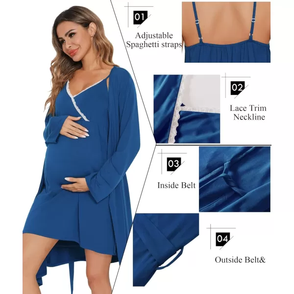 SWOMOG Womens Maternity Robe 2 Piece Nursing Nightgown for Breastfeeding 3 in 1 Labor Delivery Nursing Dress Lace BathrobeNavy