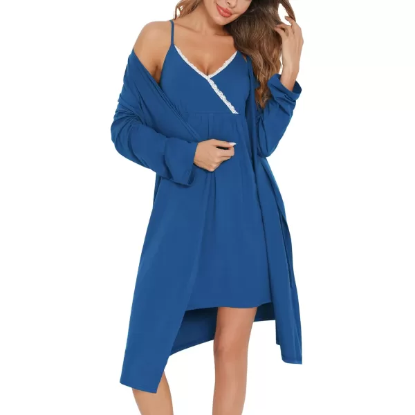 SWOMOG Womens Maternity Robe 2 Piece Nursing Nightgown for Breastfeeding 3 in 1 Labor Delivery Nursing Dress Lace BathrobeNavy