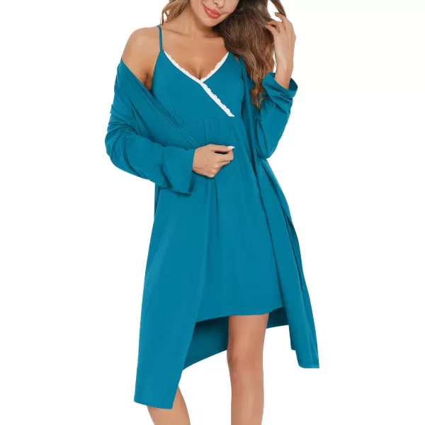 SWOMOG Womens Maternity Robe 2 Piece Nursing Nightgown for Breastfeeding 3 in 1 Labor Delivery Nursing Dress Lace BathrobePeacock Blue