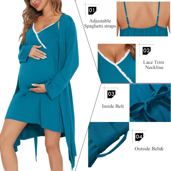 SWOMOG Womens Maternity Robe 2 Piece Nursing Nightgown for Breastfeeding 3 in 1 Labor Delivery Nursing Dress Lace BathrobePeacock Blue