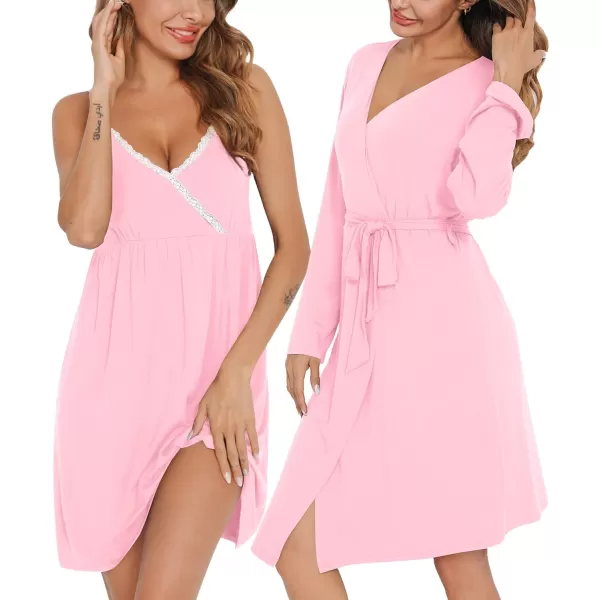 SWOMOG Womens Maternity Robe 2 Piece Nursing Nightgown for Breastfeeding 3 in 1 Labor Delivery Nursing Dress Lace BathrobePink