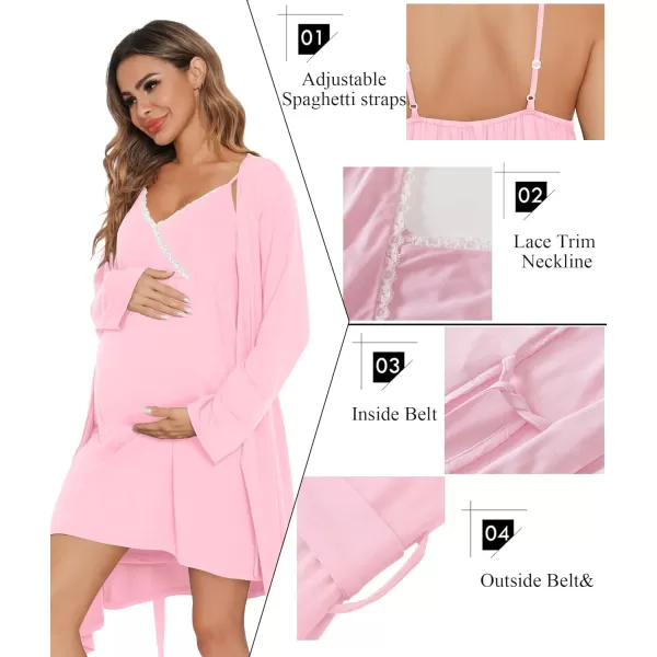 SWOMOG Womens Maternity Robe 2 Piece Nursing Nightgown for Breastfeeding 3 in 1 Labor Delivery Nursing Dress Lace BathrobePink