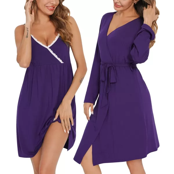 SWOMOG Womens Maternity Robe 2 Piece Nursing Nightgown for Breastfeeding 3 in 1 Labor Delivery Nursing Dress Lace BathrobePurple